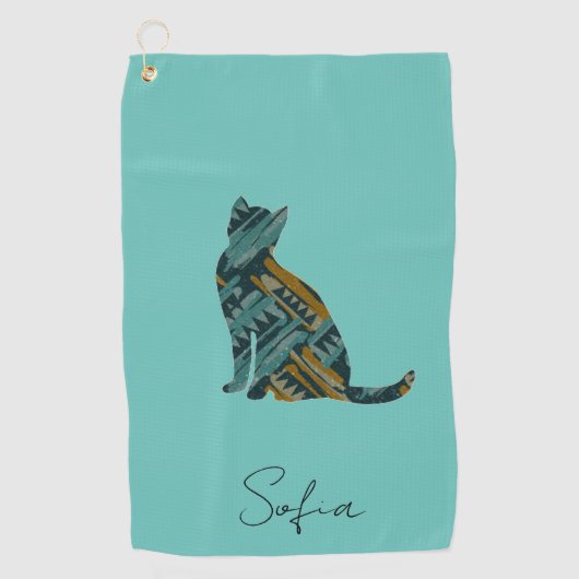 Serviette De Golf Turquoise moderne Blue et Gold Cat (Devant)