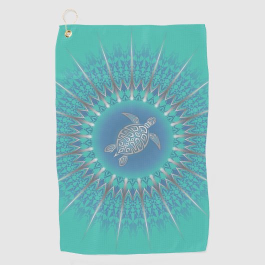 Serviette De Golf Turtle en argent turquoise Mandala Coastal (Devant)