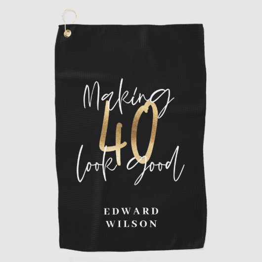 Serviette De Golf Typographie moderne noir et or 40e anniversaire (Devant)