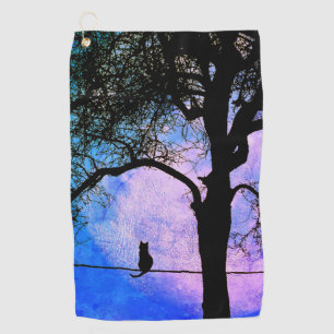 Serviette De Golf Un chat noir sur une Pleine lune de fil
