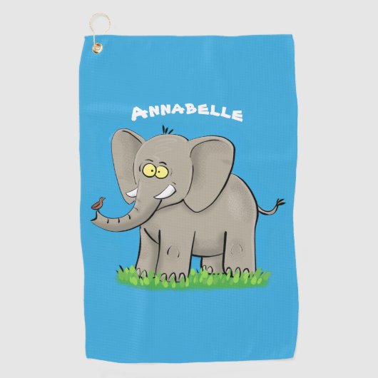 Serviette De Golf Un joli éléphant drôle avec un oiseau sur le tronc (Devant)