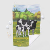 Serviette De Golf Vache Holstein et veau mignon en pâturage d'été (En situation)