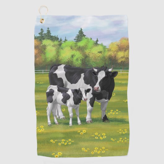 Serviette De Golf Vache Holstein et veau mignon en pâturage d'été (Devant)