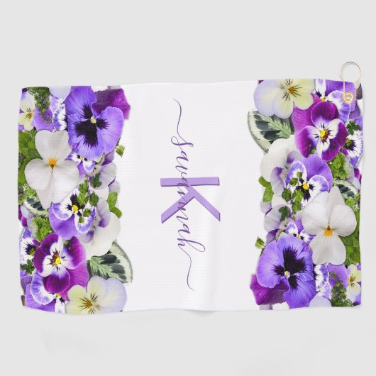 Serviette De Golf Violet violet floraux blanc monogramme nom script (Horizontal)