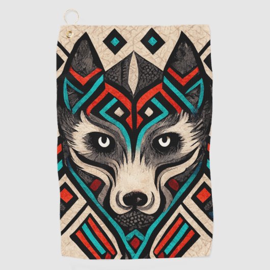 Serviette De Golf Visage de loup aztèque (Devant)