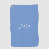 Serviette De Golf Votre nom | Élégant script blanc sur bleu doux (Devant)