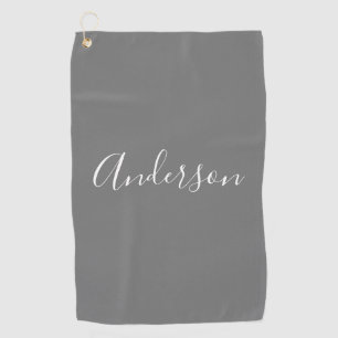 Serviette De Golf Votre nom  Élégant script blanc sur gris