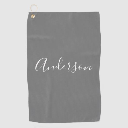 Serviette De Golf Votre nom | Élégant script blanc sur gris (Devant)