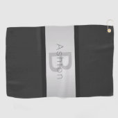 Serviette De Golf Votre nom et votre monogramme | Gris & Faux Silver (Horizontal)