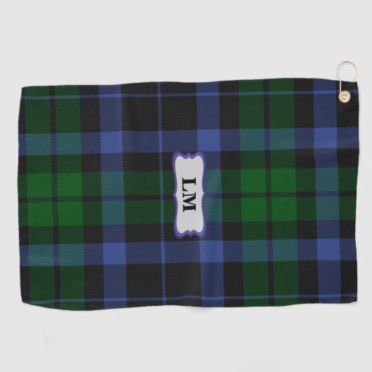 Serviette De Golf Wallace Tartan Blue & Green Monogram Initiales (Horizontal)
