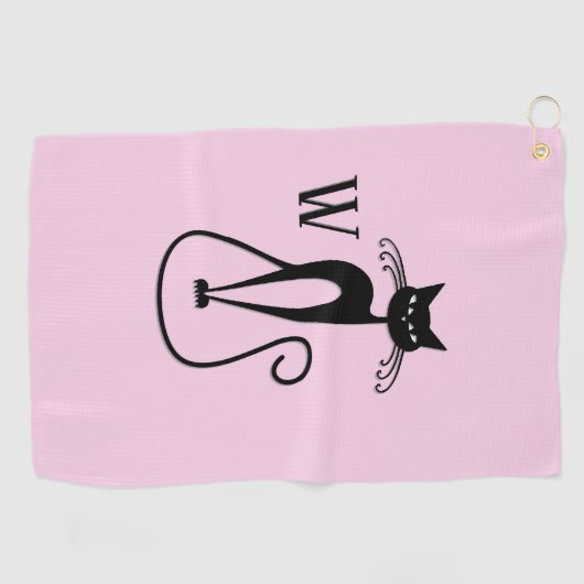Serviette De Golf Whimsical Skinny Chat noir rose initial (Horizontal)