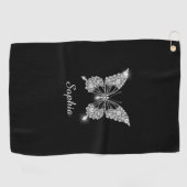 Serviette De Golf White Diamond Butterfly, DIY Script Nom, Black (Horizontal)
