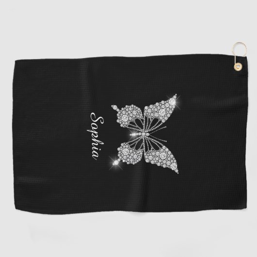 Serviette De Golf White Diamond Butterfly, DIY Script Nom, Black (Horizontal)