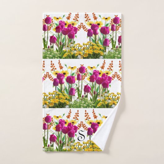 Serviette de mains à monogramme floral Tulipes Ros (Serviette à main)