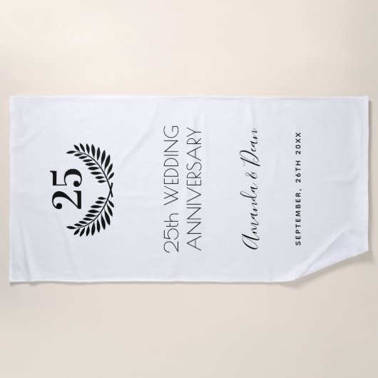 Serviette De Plage 25e anniversaire mariage blanc noir couronne (Devant)