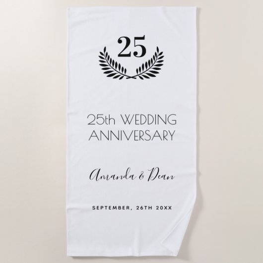 Serviette De Plage 25e anniversaire mariage blanc noir couronne (Devant)
