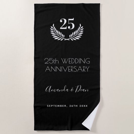 Serviette De Plage 25e anniversaire mariage couronne blanche noire (Devant)