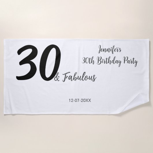 Serviette De Plage 30e anniversaire ajouter nom date année noir (Devant)