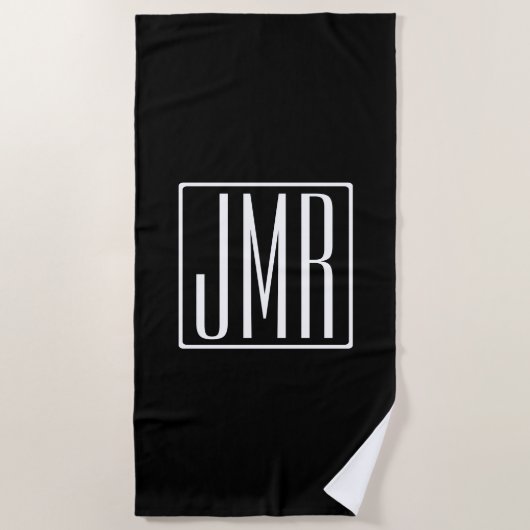Serviette De Plage 3 Initiales Monogramme | Noir et blanc (ou couleur (Devant)