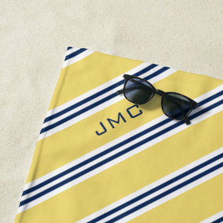 Serviette De Plage 3 lettres Monogramme rayures jaune et bleu