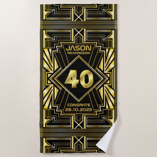 Serviette De Plage 40e anniversaire Art Déco Gold Black Great Gatsby (Devant)