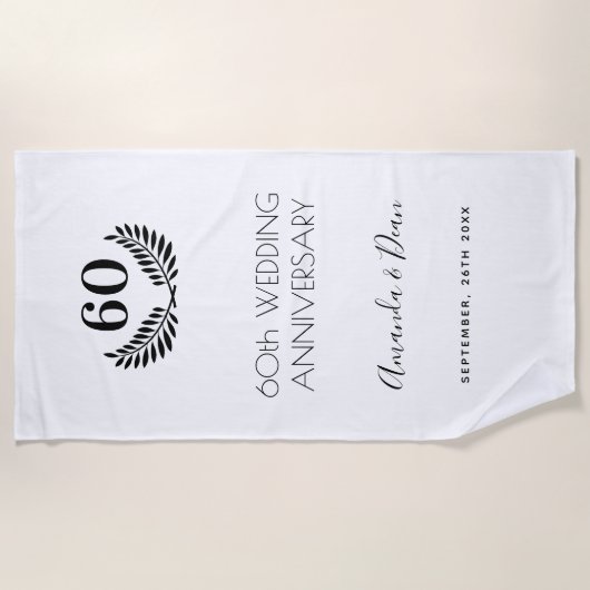Serviette De Plage 60e anniversaire mariage blanc noir couronne (Devant)