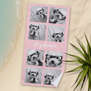 Serviette De Plage 8 Photo Collage - Nom manuscrit rose