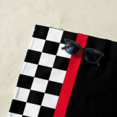 Serviette De Plage à damiers bande rouge et noire (En situation)