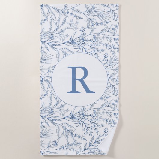 Serviette de plage à monogramme bleu à motif flora (Devant)