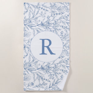 Serviette de plage à monogramme bleu toile florale