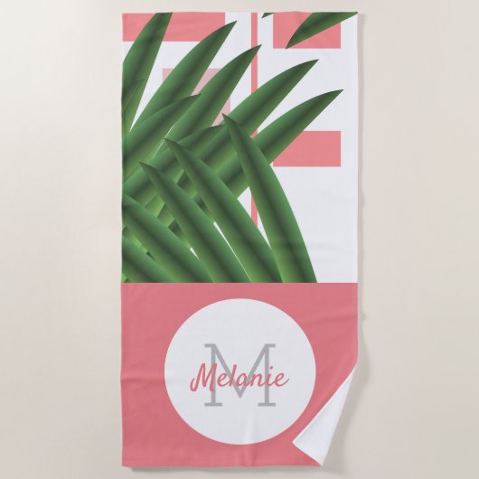 Serviette de plage à monogramme feuilles de palmie (Devant)