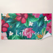 Serviette de plage à monogramme floral tropical mo (Devant)