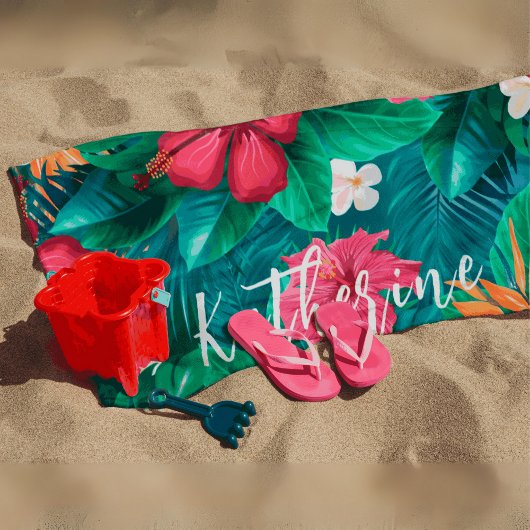 Serviette de plage à monogramme floral tropical mo