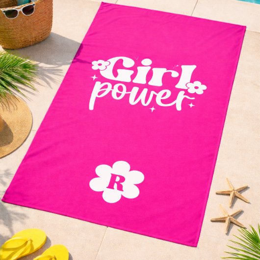 Serviette de plage à monogramme Girl Power rose