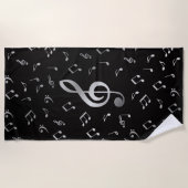 serviette de plage à notes de musique noire argent (Devant)