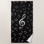 serviette de plage à notes de musique noire argent (Devant)