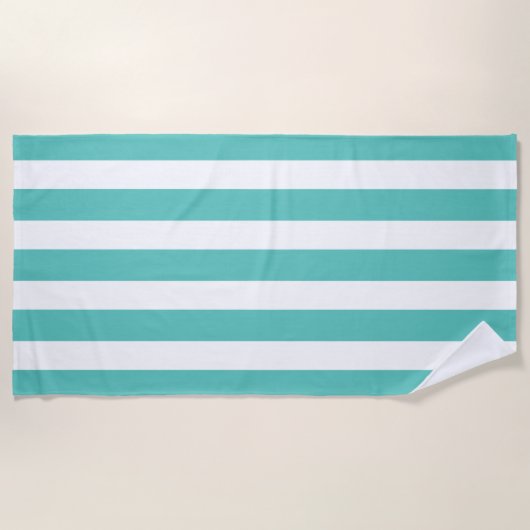 Serviette de plage à rayures blanches et turquoise (Devant)