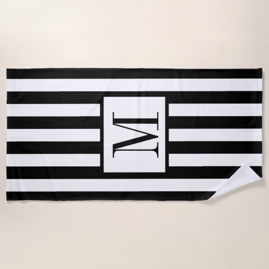 Serviette de plage à rayures noir et blanc monogra (Devant)