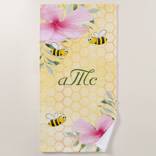 Serviette De Plage Abeilles jaune nid d'abeille fleuron rose couple m (Devant)