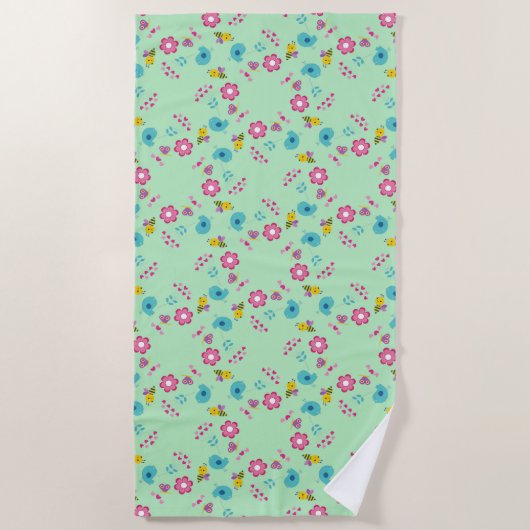 Serviette De Plage Abeilles, oiseaux et fleurs vert motif (Devant)