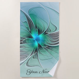 Serviette De Plage Abstrait Avec Bleu, Moderne Fractal Art Nom