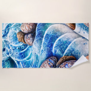 Serviette De Plage Abstrait Blue Ocean Wave Marble Agate Gold Art