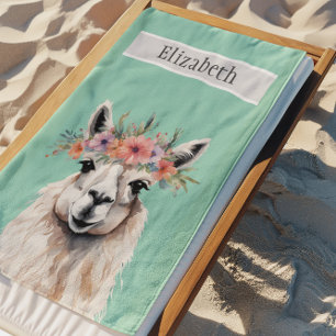 Serviette De Plage Adorable Llama Fleur sauvage Nom Turquoise Animal