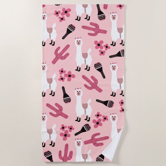 Serviette De Plage Adorable Llama Maraca Cactus blanc rose floral (Devant)