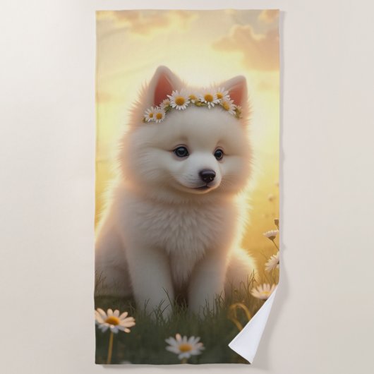 Serviette De Plage Adorable petit chiot Spitz blanc (Devant)