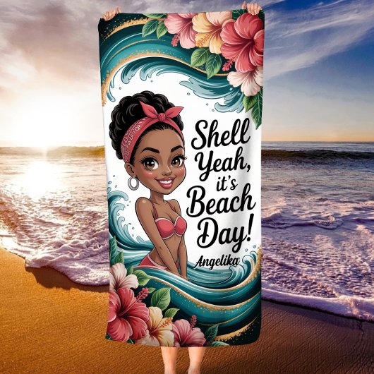 Serviette De Plage Afro-Américain Tropical Ocean Vibes Shell Ouais