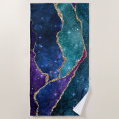 Serviette De Plage Agate Bleu Violet Aqua Veines Or Monogramme (Devant)
