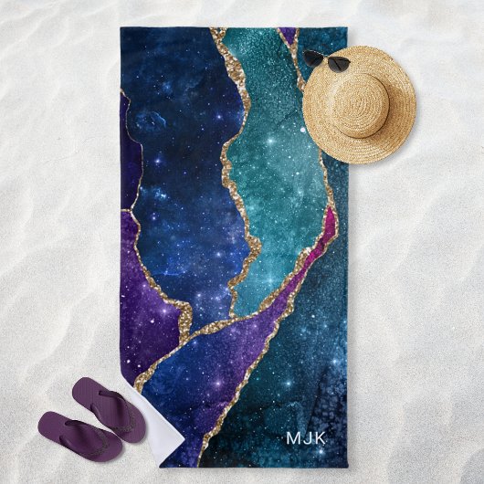 Serviette De Plage Agate Bleu Violet Aqua Veines Or Monogramme