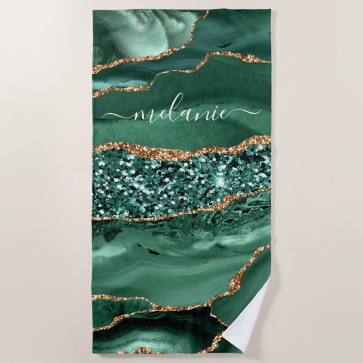 Serviette De Plage Agate Green Gold Parties scintillant Geode Marbre  (Devant)