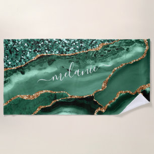 Serviette De Plage Agate Green Gold Parties scintillant Marbre Nom Pl